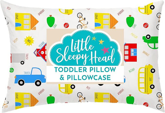 Little Sleepy Head Toddler Pillow with Pillowcase 13x18 - Kids Pillow for Sleeping - Better Neck Support Ergonomic Pillow and Toddler Pillowcase - Best Pillows for Kids(Trucks 'N Cars)