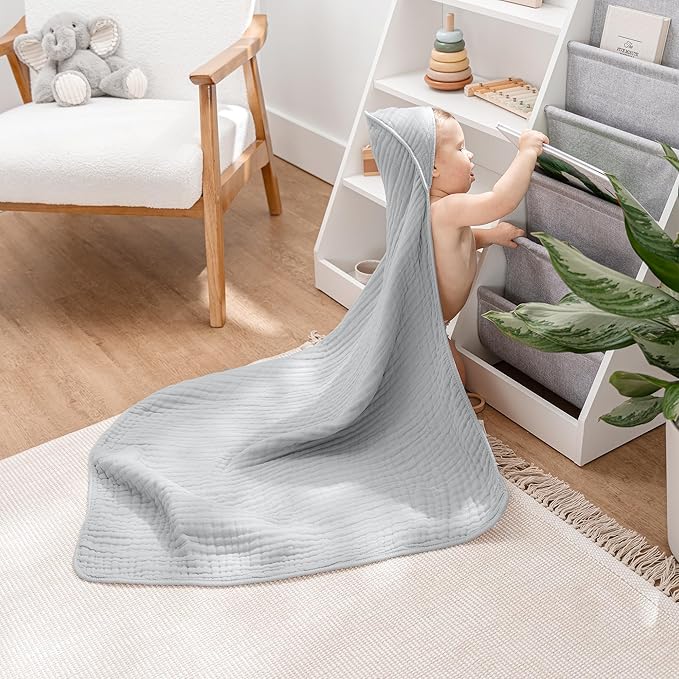 Comfy Cubs Hooded Baby Towel 2-Pack, Large 32 x 32 Inch - 6 Layer 100% Muslin Cotton for Babies, Toddlers and Kids - Soft & Absorbent Baby Bath Towels - Unisex Design for Bath Time - Heather Blue