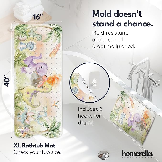 Homerella Baby Bath Tub Mat | Anti Mold Mildew Resistant Non Slip Kids and Adult Bath Tub Shower Mats | 40x16 inch Long with Suction Cups for Secure Grip Hooks for Storage & Drying | Machine Washable