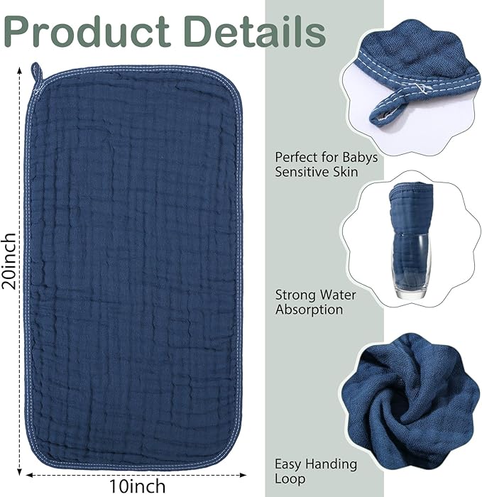 VitalCozy 6 Pcs Baby Muslin Hooded Bath Towels and Washcloths, 32 x 32 Inch Cotton Absorbent Blankets for Newborn Infant Shower Gift (Green, Blue)