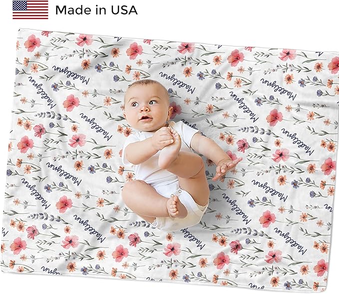 Custom Baby Blankets for Boys, Customized Baby Boy Gifts with Name, Personalized Baby Blankets, Soft Plush Fleece (Wildflower HPTM36)