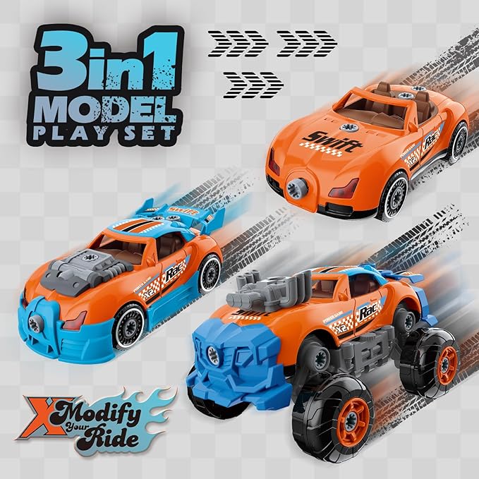 3-in-1 Take Apart Car for Boys Ages 3 4 5 6 7, Building Toys with Electric Drill, 43 Pcs Construction Toy Truck, Build Your Own Car with Play Tools, Ideal STEM Gift for Kids Children (Orange)