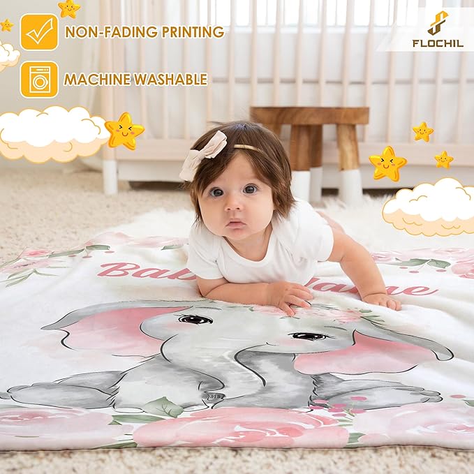 FLOCHIL Personalized Baby Blanket for Girls, Custom Baby Blanket with Name, Customized Baby Products, Gift for Baby, Newborn, Baby Shower (Elephants 3)