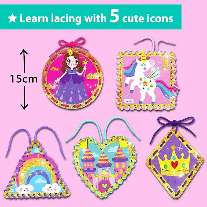 EZCRA Premium Foil Edge Lacing Cards for Kids Ages 3-6 | 5 Double-Sided Princess and Unicorn Sewing Cards with Multilingual Learning | Durable Cardboard Fine Motor Skills Activity Kit