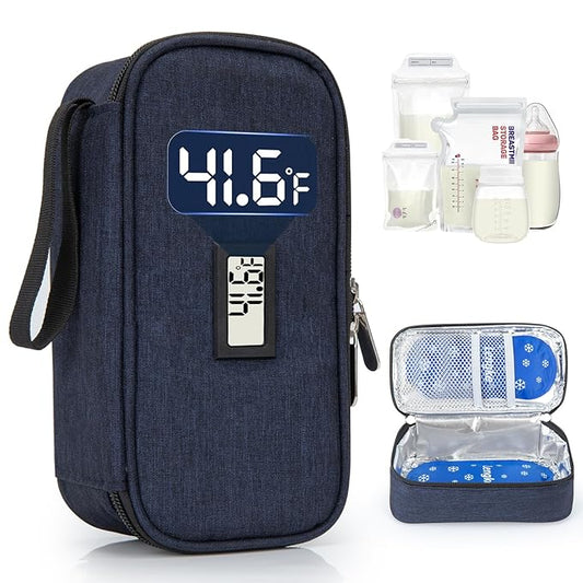 Breast Milk Cooler Travel Bag, Real-Time Temperature Display, Holds 4-6 Breastmilk Storage Bag with 2 Breast Milk Ice Pack, Cooling & Waterproof Portable Cooler for Moms on The Go(Navy Blue)