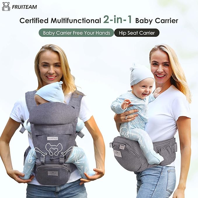 FRUITEAM Baby Carrier Newborn to Toddler, Safety-Certified Baby Waist Stool, Ergonomic 6-in-1 Baby Carrier with Head Support, Adjustable & Removable Baby Holder for All Seasons, Dark Grey