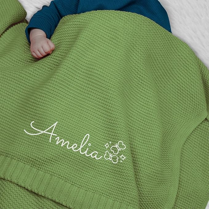 Personalized Baby Blanket, Embroidered Name, 100% Cotton Handmade Custom Blanket, 350GSM Knit Blankets, Newborn Boy Or Girl Baby Gift