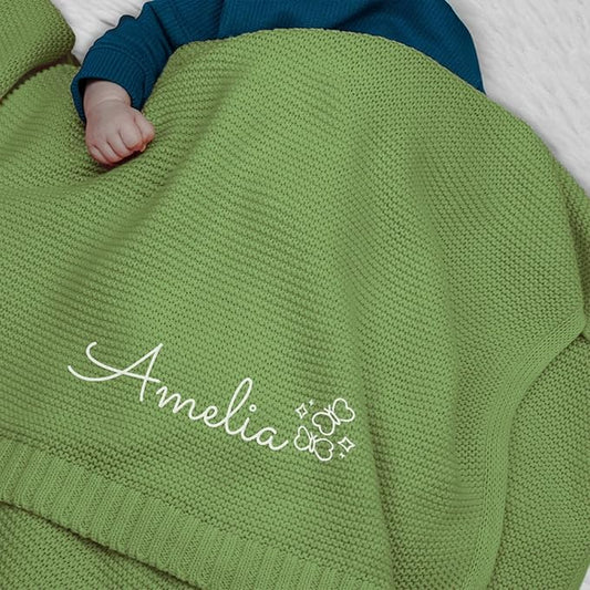 Personalized Baby Blanket, Embroidered Name, 100% Cotton Handmade Custom Blanket, 350GSM Knit Blankets, Newborn Boy Or Girl Baby Gift