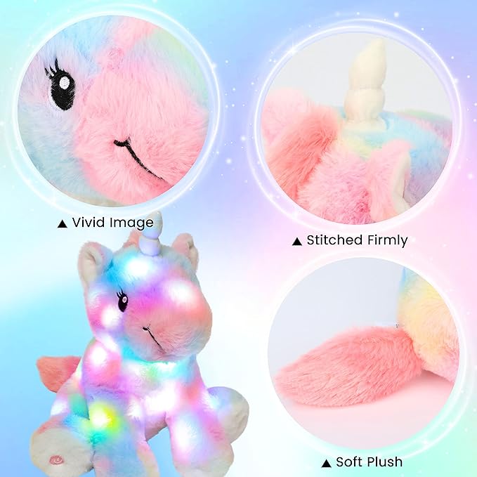 Hopearl LED Plush Unicorn Colorful Lighting Up Stuffed Animal Floppy Night Lights Glow in The Dark Birthday Gifts for Kids Toddler Girls, Rainbow, 12''