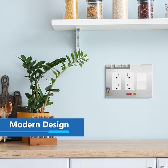 LIDER Triple Decorator Wall Plate, Impact Resistant, Mirrored Acrylic, Plexiglass, Reflective Finish, Modern Upgrade Screwless Light Switch/Outlet Cover Mid-Size 3-Gang 4.88" x 6.77" Silver