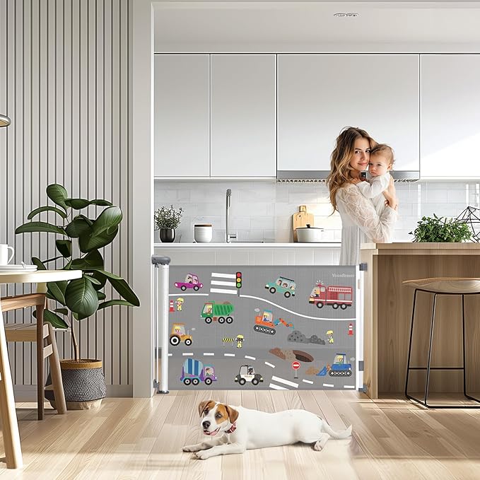 Retractable Gates for Stairs, Mesh Dog Gate for The House, Wide Pet Gate 34" Tall, Extends to 55" Wide, Long Safety Gates for Doorways, Hallways, Cat Gate Indoor/Outdoor (Car)