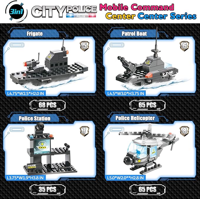 EP EXERCISE N PLAY 1110 PCS SWAT City Police Station Mobile Command Center Truck Car Building Blocks Set in 25 Different Models Police Cars, Helicopter, Boat, Toys Gift for Kids Boys Girls 6-12