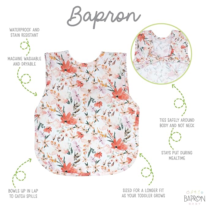 BapronBaby Peachy Dreams Bapron - No Neck Tie Safer Bib for Baby & Toddler - Soft Waterproof Stain Resistant - Machine Washable - Sz Baby/Toddler 6m-3T