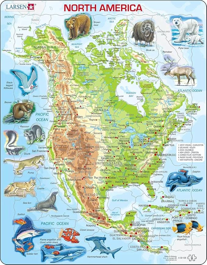 Larsen Puzzles North American Map with Animals 66 Piece Children's Educational Jigsaw Puzzle