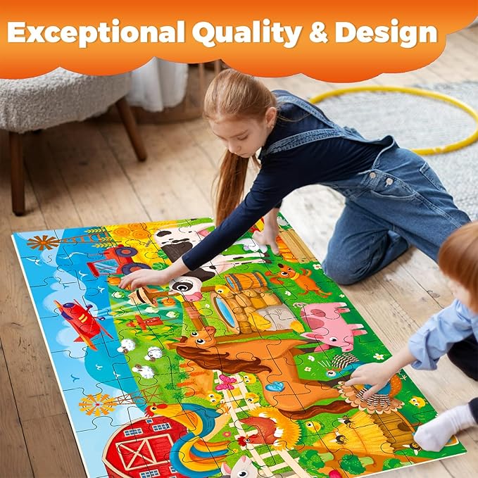 QUOKKA Giant Floor Puzzle for Kids Ages 4-6 – 2x3 Feet Extra-Thick 48 Pieces Toddler Puzzle Ages 3-5 – Farm Educational Activity for Boys Girls – Premium Box with Sturdy Handle & Magnetic Closure