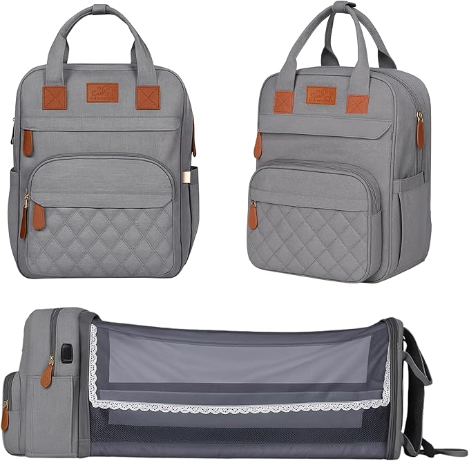 Large Diaper Bag Backpack with Changing Station, USB Charging Port, Insulated Pockets, Mosquito Net & Sun Shade – Waterproof Large Capacity Travel Diaper Bag for Moms & Dads