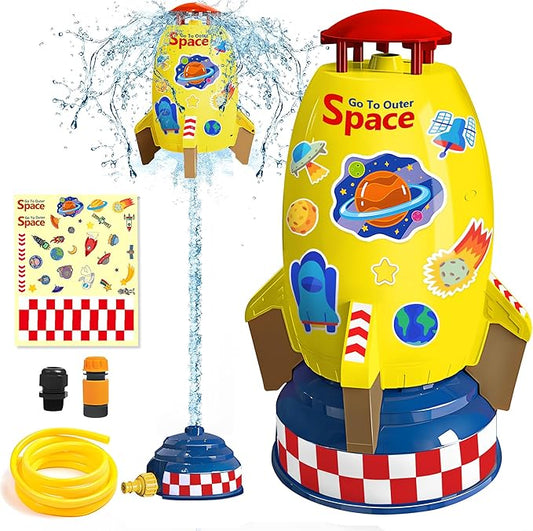 Water Rocket Sprinkler for Kids, Outdoor Sprinkler Rocket Launcher Toy for Backyard, Summer Water Toys for Kids Ages 3-12, Fun Water Powered Rocket Toy (Yellow-2)