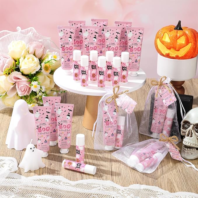 24 Sets Halloween a Little Boo Is Almost Due Baby Shower Hand Cream and Lip Balm Gift Travel Size Hand Lotion and Lip Balm with Organza Bags Tags Pink Black Halloween Baby Shower Favors for Guests
