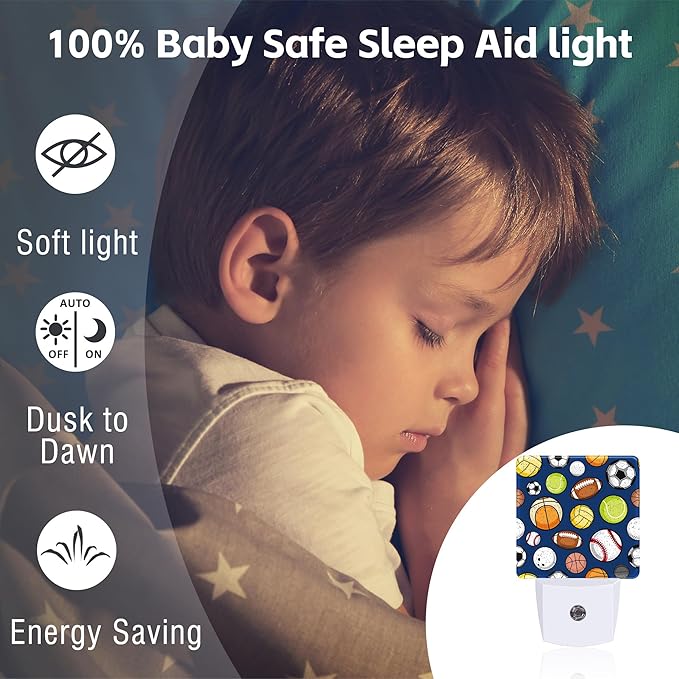 Retro Sports Balls Night Light, Colorful Balls Dusk to Dawn Night Light Plug in,0.5w Energy Saving Sleep Friendly NightLight for Kids Boys Girls Home Bedroom Living Room Kitchen Decor