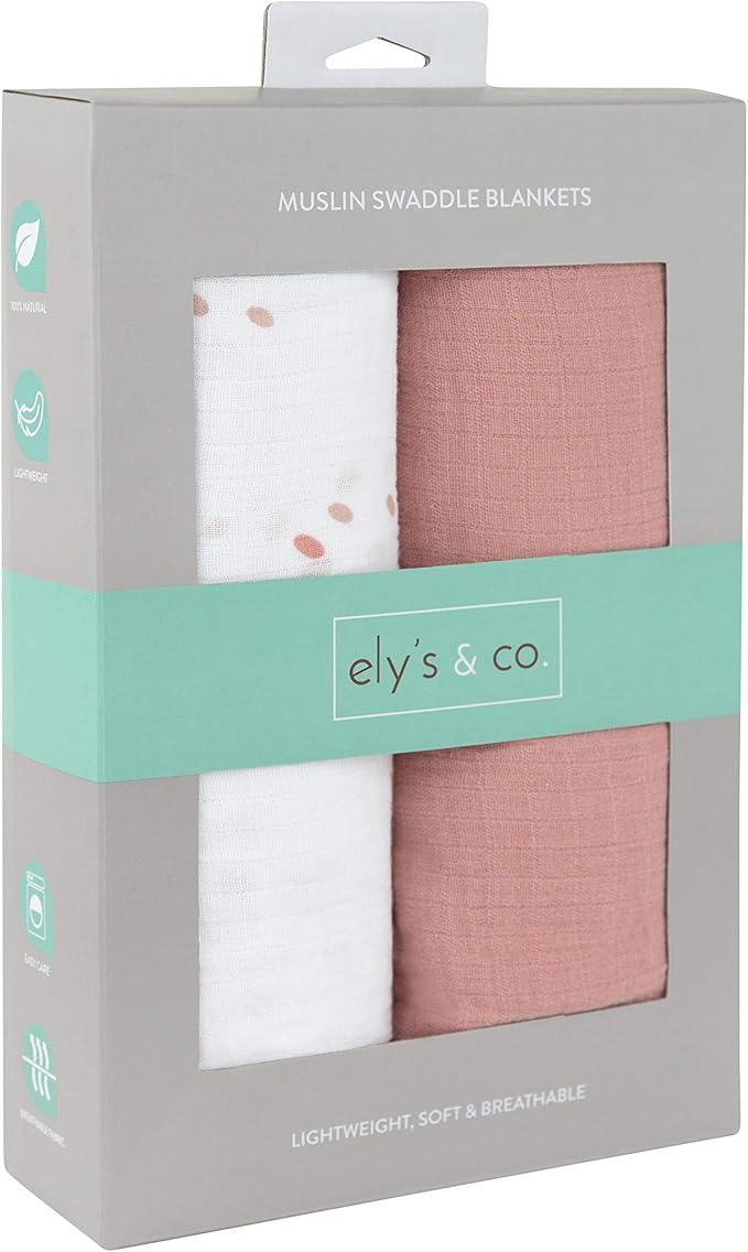Ely's & Co. Cotton Muslin Swaddle Blanket 2-Pack for Baby Boy or Girl — 100% Cotton Muslin Extra-Large Swaddle Blankets (47” x 47”) Solid Dusty Rose │ Dusty Rose Raindrops