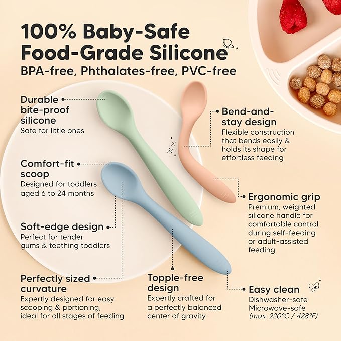 KeaBabies Silicone Baby Spoons, Self Feeding 6-12 months - 3-Pack Baby Weaning Eating Utensils, Toddler First Food Training Spoon, Infant, Kids Feeding Supplies Essential Set, Dishwasher-safe (Mellow)