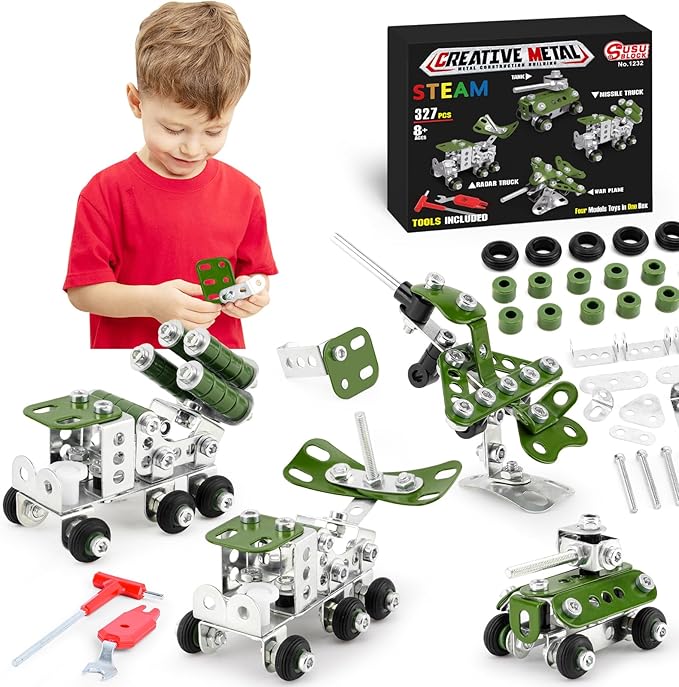 Building Toys for Boys Age 8-12,Creative Sets 4 Mini Army Vehicles Model,Metal Military Models Toys for Kids Ages 8+,DIY Educational Birthday Gifts for Kids Boys 8 9 10 11 12-16 Years Old