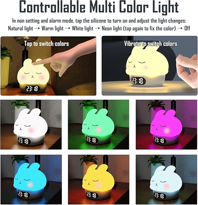 Cute Bunny RGB Rechargeable Night Light, Soft Silicone Lampshade, Adjustable Brightness LED Clock, Date, Alarm, Thermometer, Timer, Tap Control, Bedroom Lamp, Gift for Girl and Kid (White Bunny)