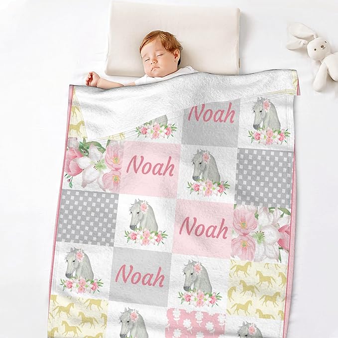 Personalized Custom Baby Blanket with Name - Swaddle Blanket for Toddlers, Infants, Kids, Newborns - Nursery Stroller Crib Decor Throw - Horse Theme - Birthday Gift