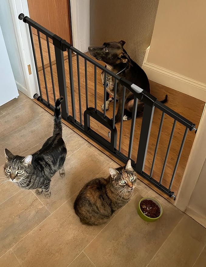 Babelio Upgraded Baby Gate with Cat Door, Auto Close Durable Dog Gate for Stairs, Doorways and House, Easy Walk Thru Safety Gate with Pet Door Includes 4 Wall Cups, 29-48" Wide, 30" Tall, Black