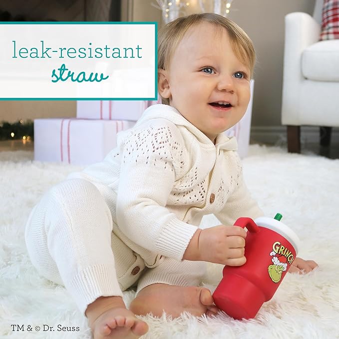 Infantino My 1st Tumbler, Silicone Sippy Cup with Straw & Handle, Spill-Resistant Baby Cup for On-the-Go, BPA-Free Transition Bottle, Grinch Red (Pack of 6)