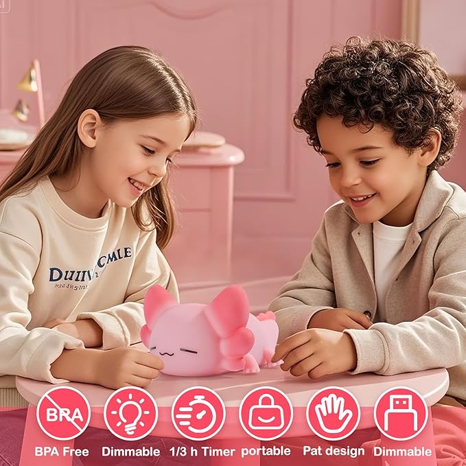 ZKLiLi Night Light for Kids Cute Axolotl Lamp,16 Colors+Tap+Remote+Silicone Kids Night Light,USB Rechargeable Axolotl Night Lights for Room Decoration, Girls