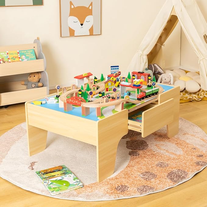 GLACER 84-Piece Train Table, Large Multipurpose Wooden Toy Activity Table Playset with Reversible Detachable Tabletop, Railway Tracks, Trains, Cars, DIY Design, Gift for Boys Girls Ages 3+