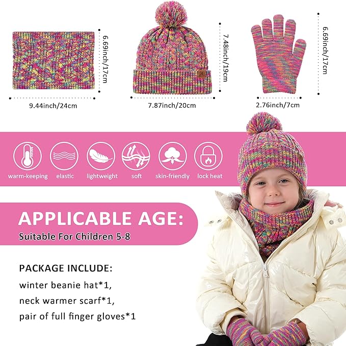 Kids Toddlers Winter Beanie Hats Gloves Neck Scarf Set Mittens Gifts for 0 6 12 Months 1 2 3 4-8 Year Old Baby Girls Boys