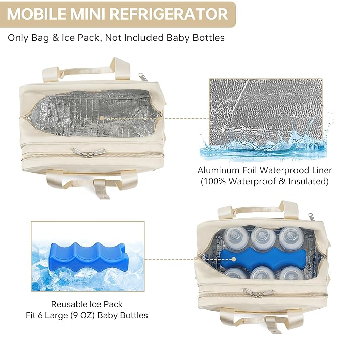 Breastmilk Cooler Bag with Ice Pack,Fits 6 Baby Bottles Up to 9 Ounce Breast Milk Cooler Travel Bag Compatible with Wearable Breast Pumps & Accessories for Nursing Mom Daycare Cream