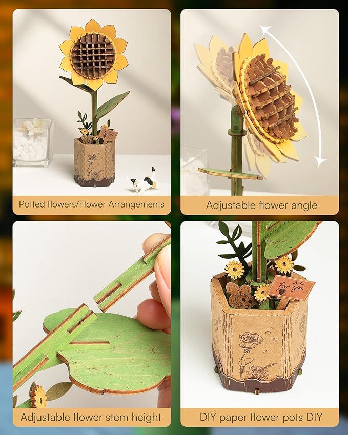 3D Flower Wooden Puzzles for Adults-Sunflower, DIY Wooden Flowers Model Kit Building Set Crafts for Adults to Build, Botanical Collection/Ideal Creative Gift Ideas/Housewarming (86PCS)