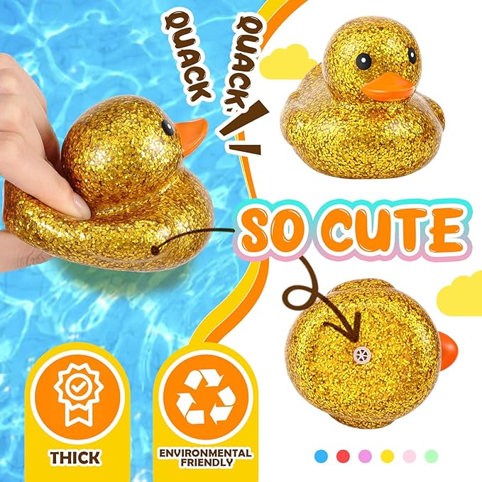 Deekin 6 Pcs 3.54 Inch Glitter Rubber Duck Assortment Toy Duckies Bulk Squeak Rubber Duckies for Kid Baby Bath Shower Pool Classroom Summer Beach Activity