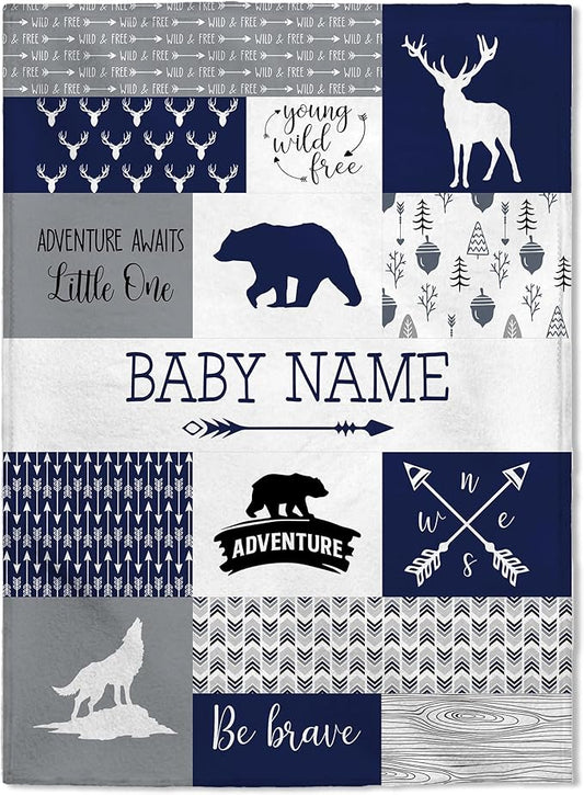 Personalized Baby Blankets, Custom Baby Blanket - Baby Blanket with Name for Boys, Best Gift for Baby, Newborn Elephants Flush Fleece (30x40) (Woodland 3)