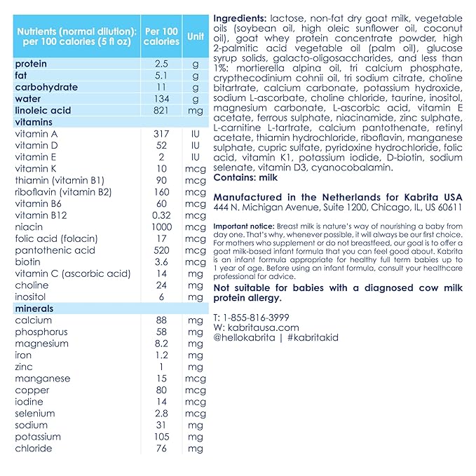 Kabrita Goat Milk-Based Infant Formula Powder with Iron, DHA, ARA & Prebiotics, for Infants 0–12 Months, Non-GMO, 28 oz