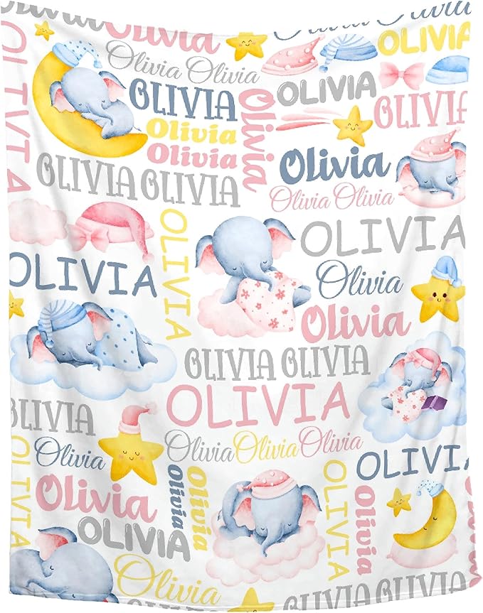 Personalized Elephant Custom Baby Blanket with Name - Swaddle Blanket for Toddlers, Infants, Kids, Shower, Newborns - Nursery Stroller Crib Decor Throw - Birthday Gift