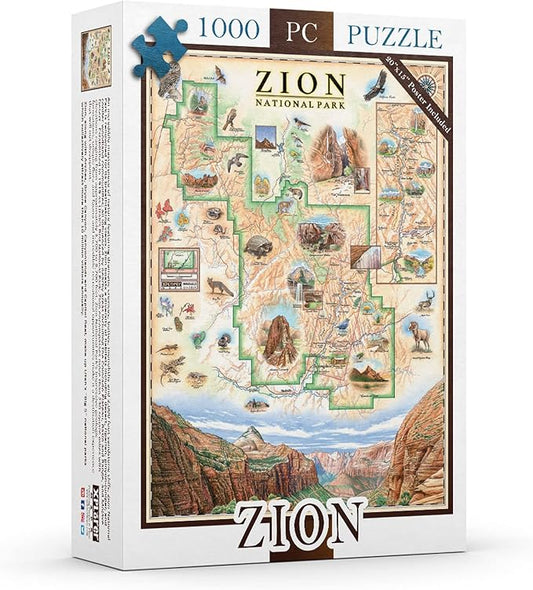 Zion National Park Map Cardboard Jigsaw Puzzle - 1000 Pieces, Hand-Illustrated - Educational, Family Activity, Ages 8+, Includes Poster - 25.4 x 19.8