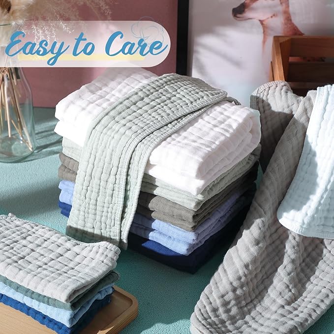 VitalCozy 12 Pcs Baby Muslin Hooded Bath Towels and Washcloths, 32 x 32 Inch Muslin Cotton Hooded Baby Towels Absorbent Hooded Blankets for Gift Newborn Infant Shower (Green Blue Gray)