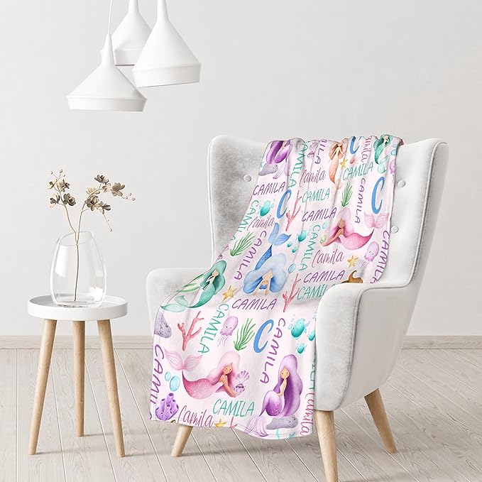 Personalized Baby Blanket for Girls Boys Mermaid Custom Baby Blanket with Name Swaddle Blanket for Toddlers Infants Kids Shower Newborns Nursery Stroller Crib Decor Throw Birthday Gift