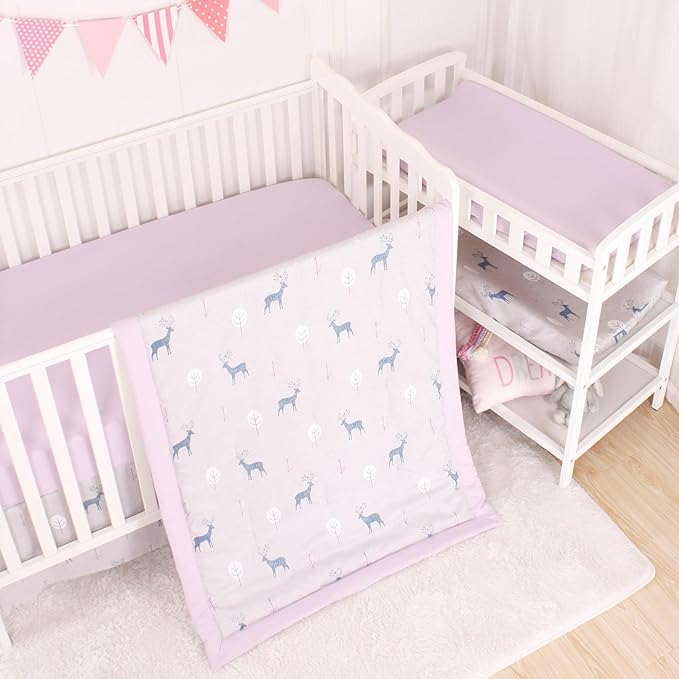 CaSaJa 4-Piece Crib Bedding Set for Boys and Girls, Nursery Baby Bedding Set Including Quilted Comforter with Fitted Crib Sheet and Changing Pad Covers, Reversible Quilt Design, Reindeer Forest