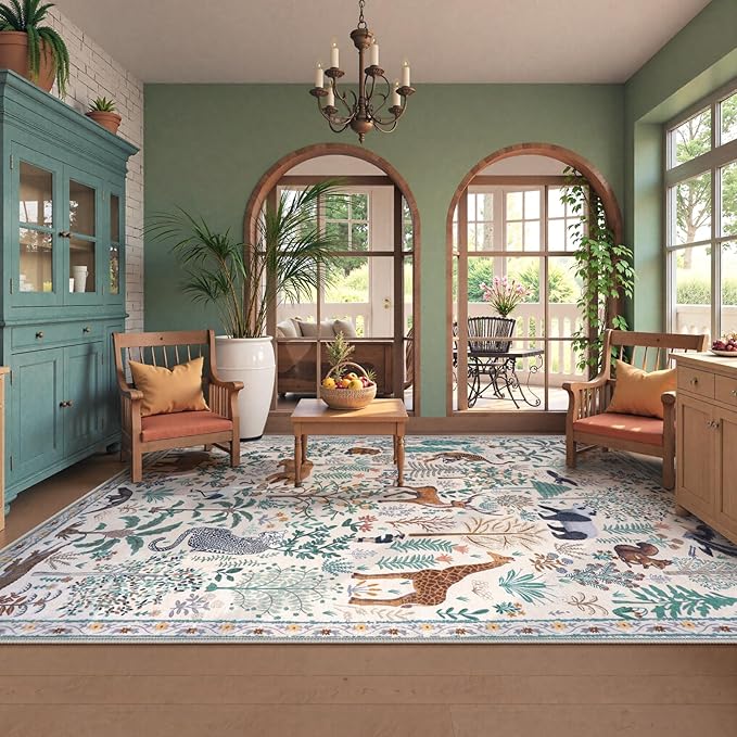 OJIA Jungle Living Room Rug 9x12 Washable Rugs for Bedroom, Ultra-Thin Modern Beige Non-Shedding Large Area Rug Playroom Rug Non-Slip Stain Resistant Accent Carpet for Kids Room Dining