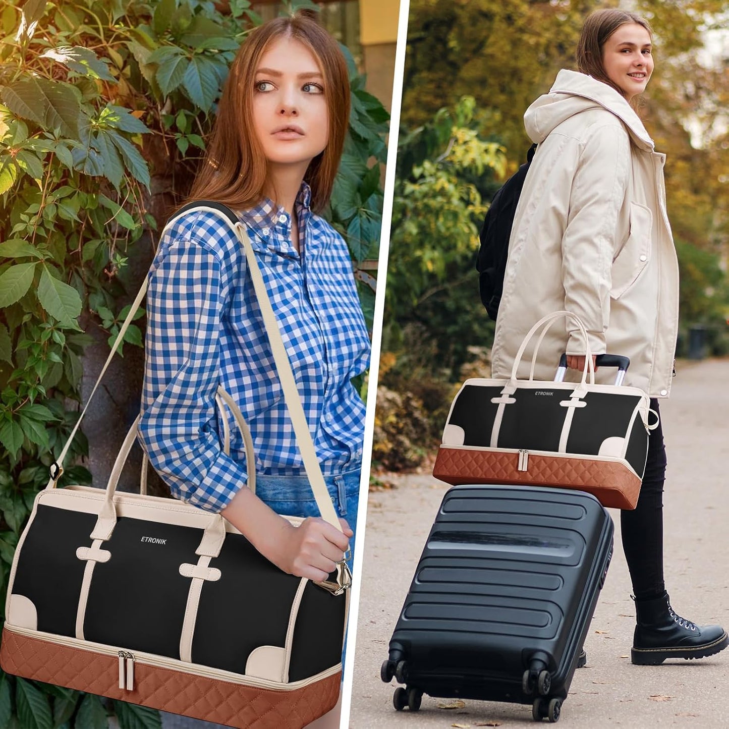 ETRONIK Weekender Overnight Bag for Women, Large Travel Duffle Bag with Shoe Compartment & Wet Pocket, Carry On Tote Bag Gym Duffel Bag with Toiletry Bag, 3 Pcs Set, Large Size, Beigeblack-Brown