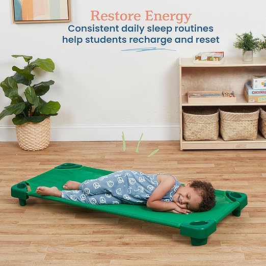 ECR4Kids Stackable Kiddie Cot, Ready-to-Assemble, Standard Size, Classroom Furniture, Green, 6-Pack