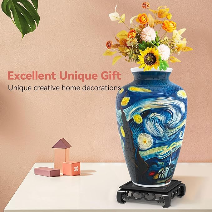 3D Puzzles Vase for Adults, Crafts for Adults, 120 Pieces Plastic DIY Unique Flower Vase with LED Light House Warming Gift Birthday Gifts for Flower Arrangements and Home Decor (Blue)
