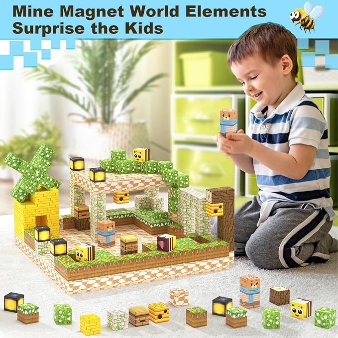 Magnetic Blocks Building Toys - Build Mine Magnet World Bee Cottage Building Set Kids Toys for Ages 3-12 STEM Sensory Toys Buildable Game Elements Gifts for 3+ Year Old Boys & Girls