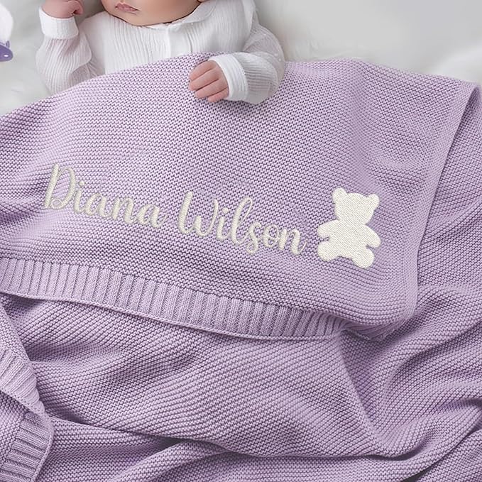 Luxury Personalized Name Knitted Baby Blanket - Embroidered, Soft Breathable Cotton Knit for Newborns - Valentine's Gift for New Moms Baby Boy Girl Birthday Christmas
