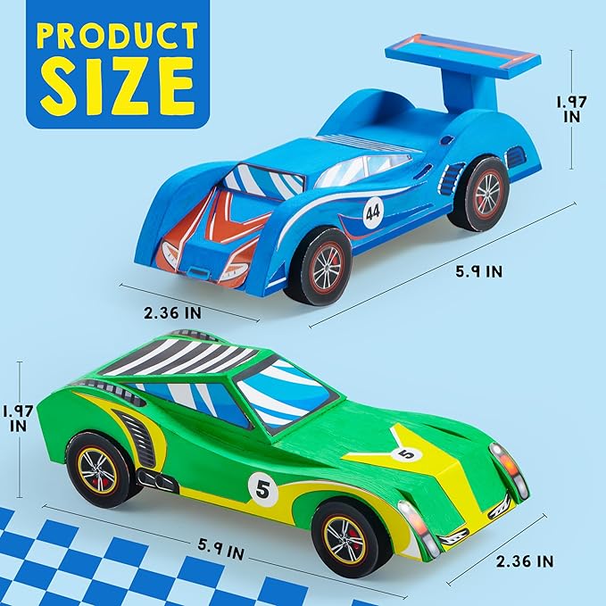 Klever Kits 4 DIY Wooden Race Cars-Build & Paint Your Own Wood Craft Kit, 4 Race Cars Toy, Easy to Assemble Arts Crafts Kit, Birthday Party Presents for Kids Boys and Girls